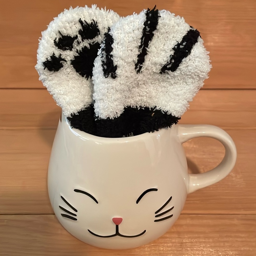 World Market large Kitty Mug with kitty cozy socks